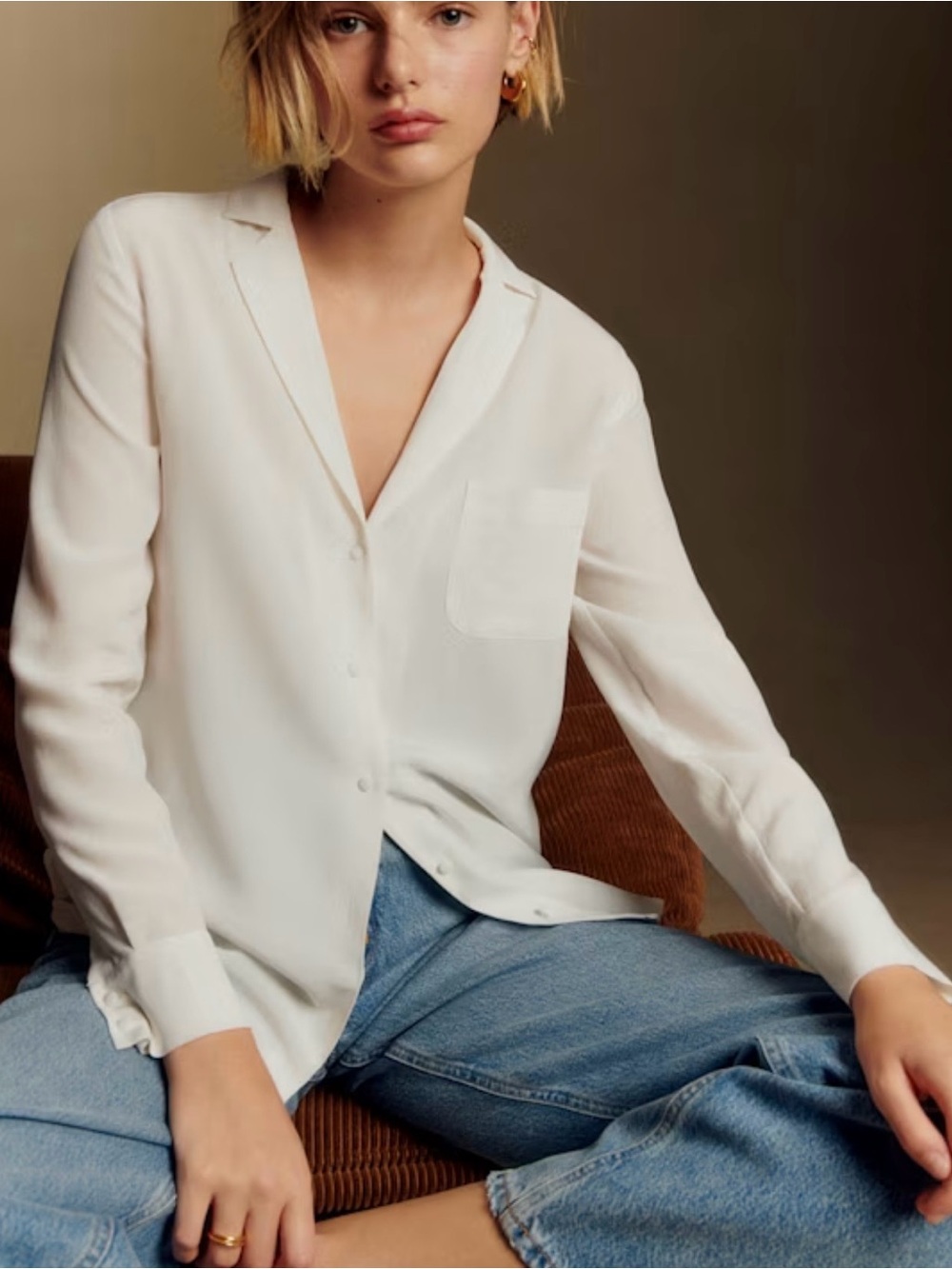 Sézane Florence Shirt Ecru 100% Silk Women’s Size 36 (US 4)